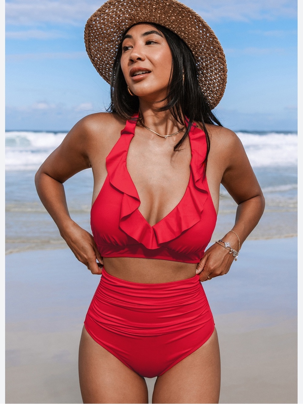 Lauren Ralph Lauren Red Ruffle Halter High-Rise Bikini Set